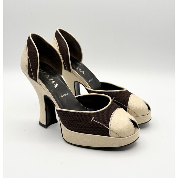 Prada Shoes - Prada Brown & White Leather Colorblock Peep Toe Heels Mules Vintage Sz EU 36